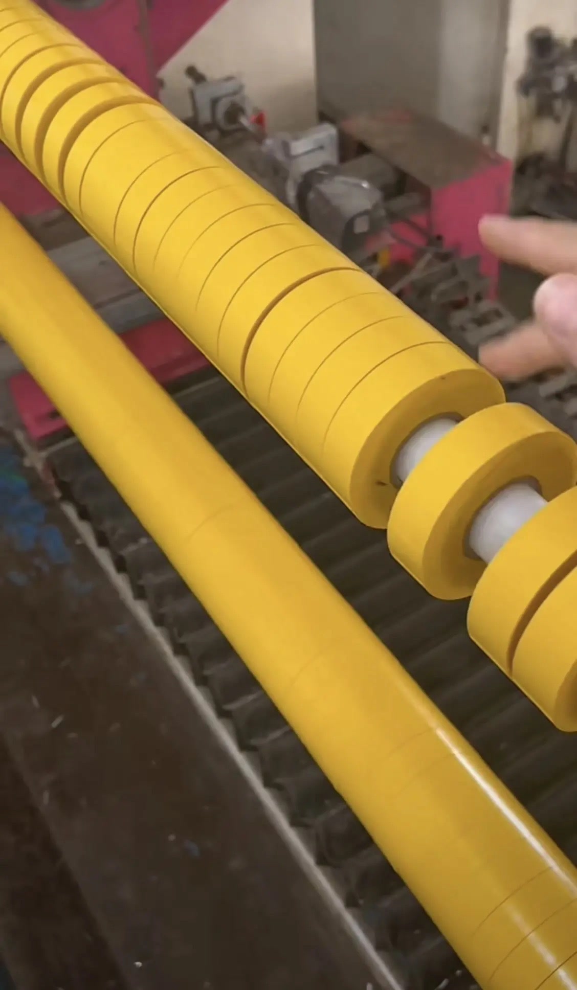 Close-up of masking tape rolls on the slitting line